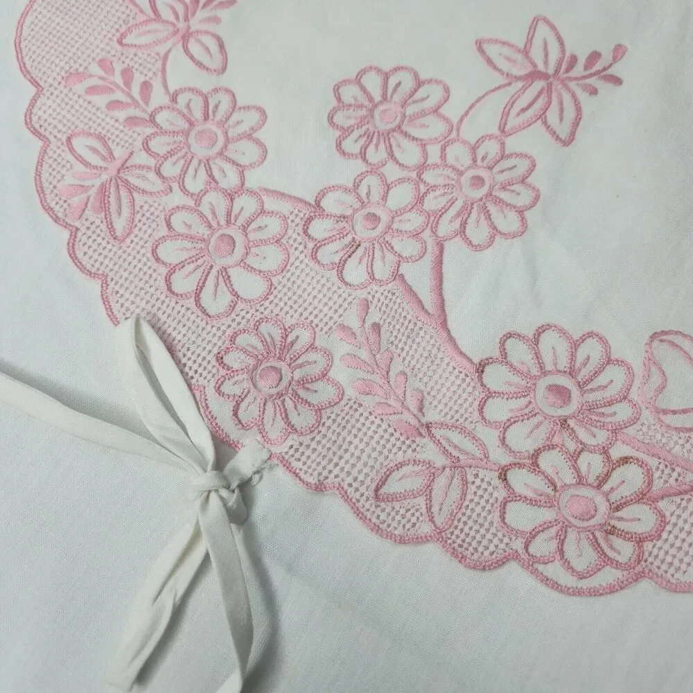 Pillow Cover Embroidered Pink White Foldover Pocket Case with Tie‎ 14x17
